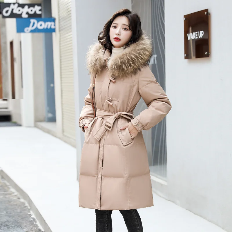 

2022 Fashion Down Jacket Women Winter Long Coat Fur Collar Hooded White Duck Down Coats Belt Slim Thicken Down Parkas Lady Tops