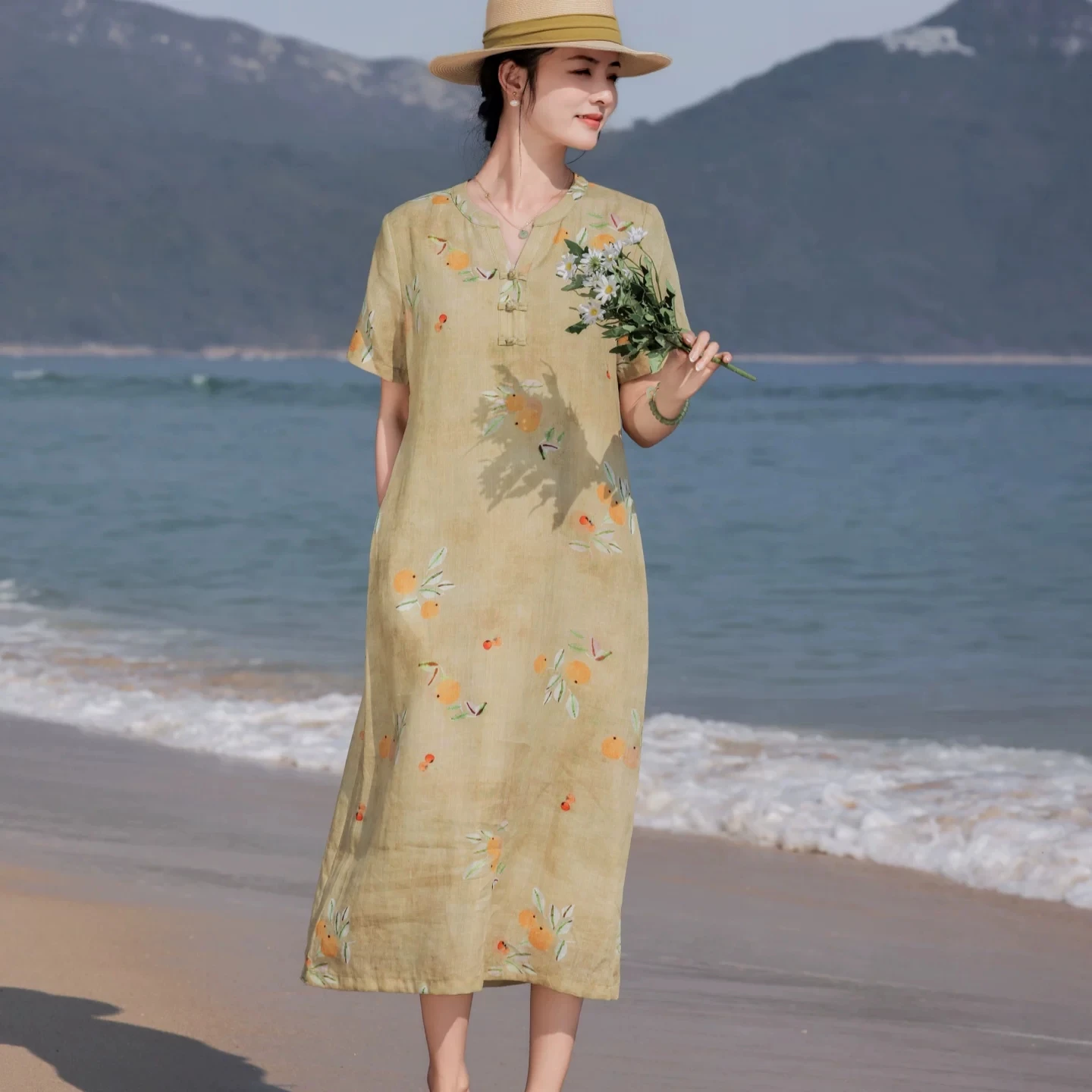 

Women's New Chinese Style V-Neck Modified Qipao Dress, Ramie Fabric Floral Print Cheongsam with Frog Buttons