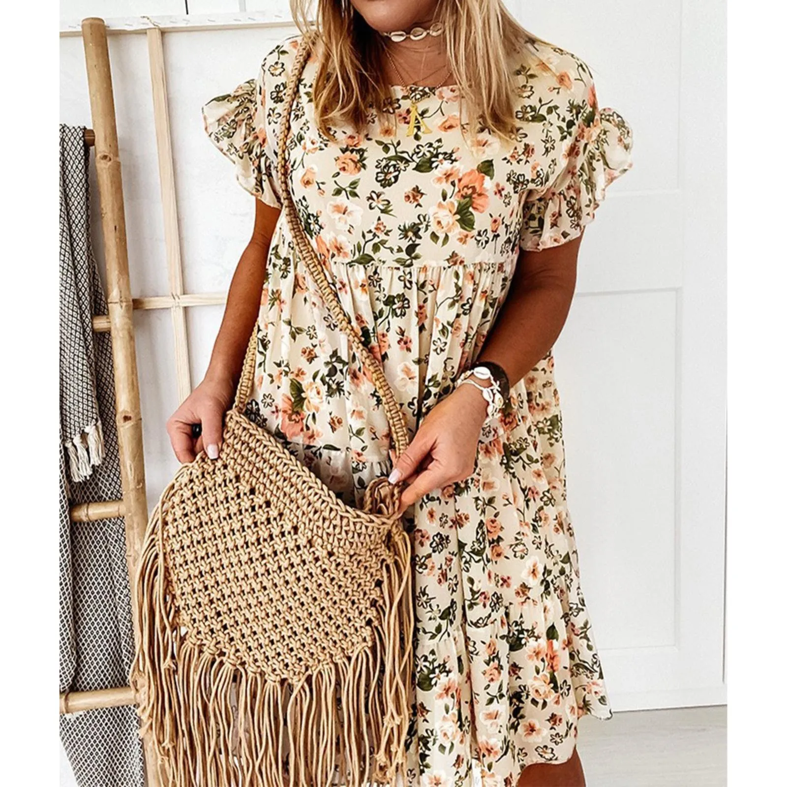 

Womens Floral Dress Elegant Ruffle Mini A Line Loose Dress Crewneck Short Sleeve Dress Summer Lightweight Breathable Streetwear