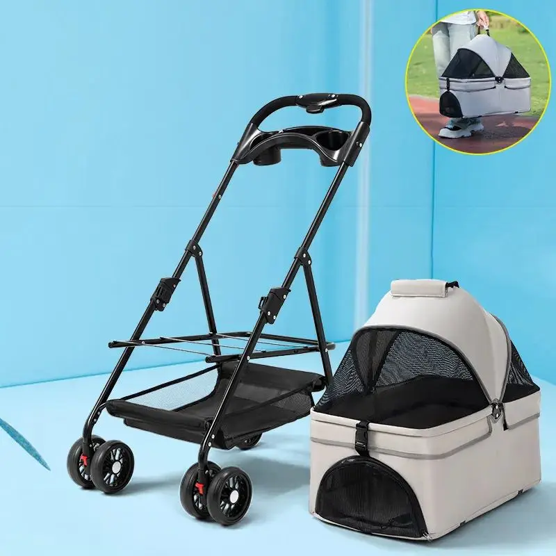 

Luxury Easy Fold Removable Travel 4 Wheels Dog Cat Carrier Trolley Pet Stroller With Storage Basket