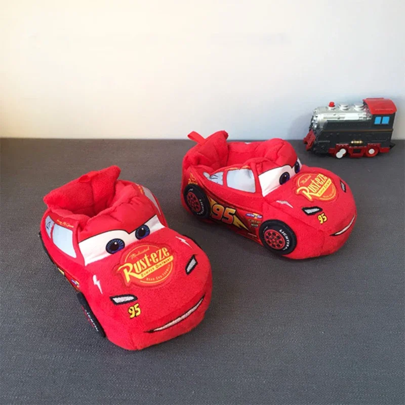 Disney Lightning McQueen Kids Plush Slippers Boy Cars Cartoon Autumn Winter Warm Soft Soled All Inclusive Household Shoes Gift