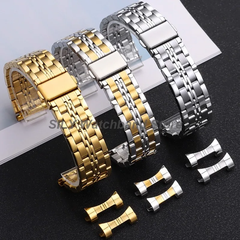 Correas de reloj de acero inoxidable con extremos curvos de 18 mm, 20 mm, 22 mm, 24 mm, correa de reloj de negocios con hebilla plegable, pulsera de repuesto