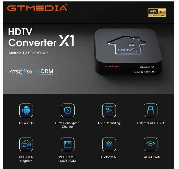 [Genuine]2025 Newest GTMEDIA HDTV Converter X1 USA Smart TV BOX Built-in BT 5.0 Support ATSC3.0 DRM HDTV player Hot in USA Canad