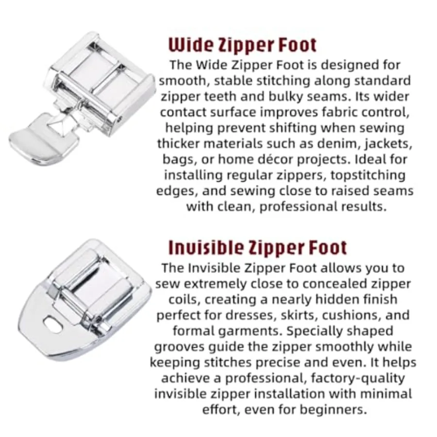 Zipper Foot Kit Includes Invisible Zipper Foot and Wide Zipper Presser Foot for All Low Shank Snap On Singer, Brother, Babylock view 3