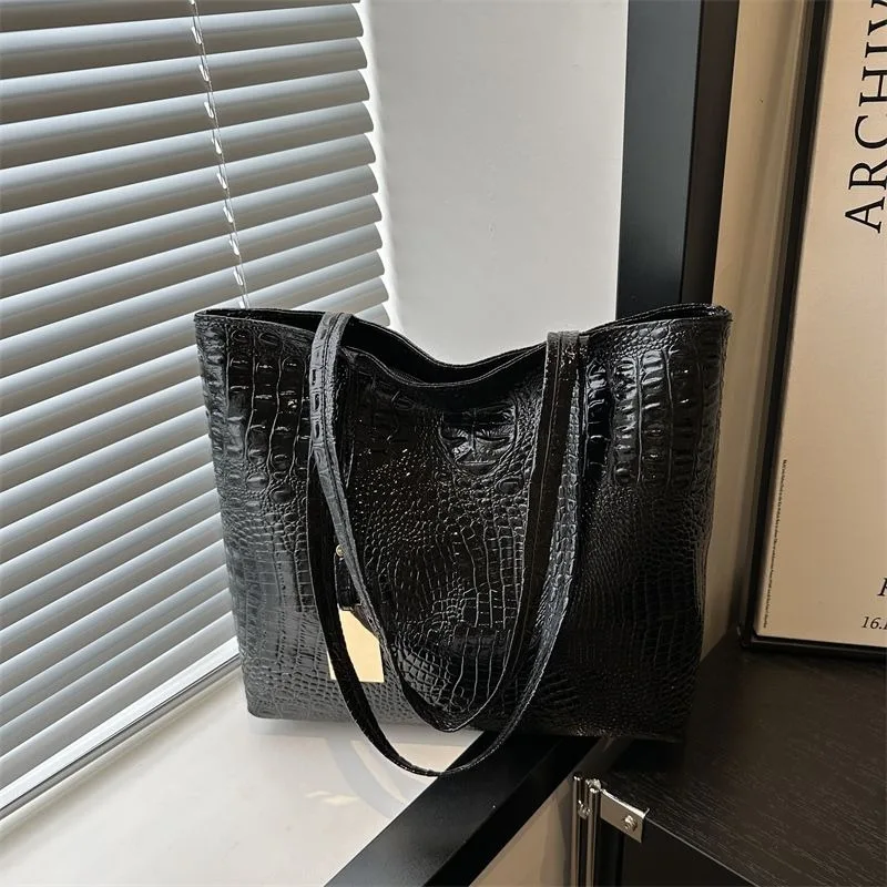 

Foufurieux Bags Women High Capacity Crocodile-pattern Bag Female PU Shoulder Shopping Gold Ladies Hand Bags Black Alligator Bag