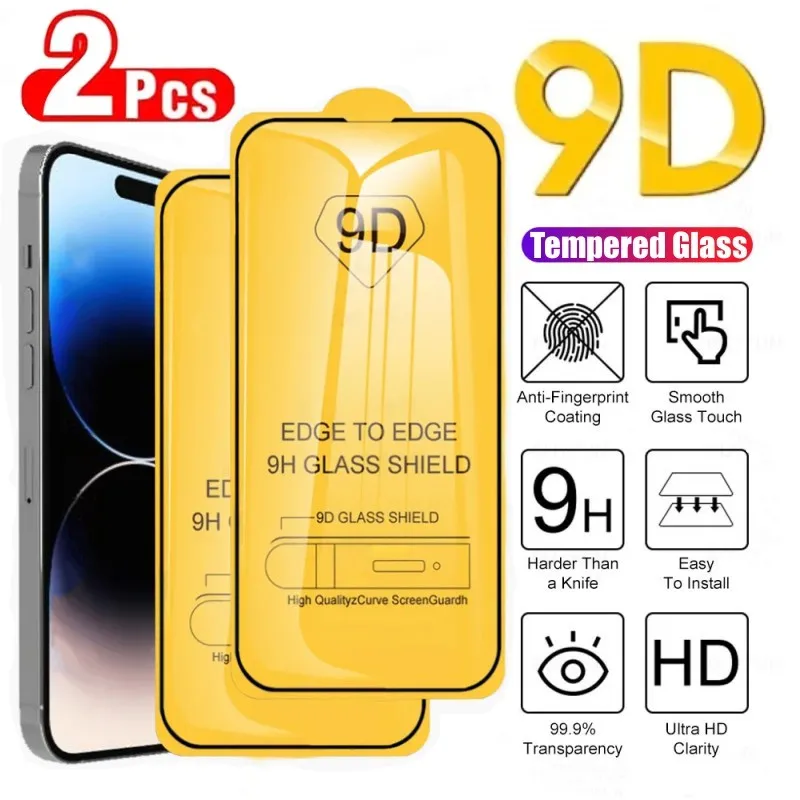 2PCS 9D Screen Protector Tempered Glass for IPhone 15 14 13 12 11 Pro Max Protective Glass for IPhone X XR XS Max 7 8 6S 14 Plus