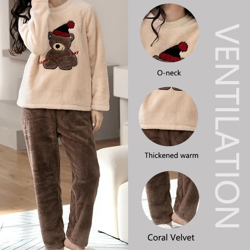 2pcs/Set Large Size Padded Thickened Warm Fall And Winter Women\'s Pajamas Long-Sleeved Long Pants Set Coral Velvet Cartoon Bear