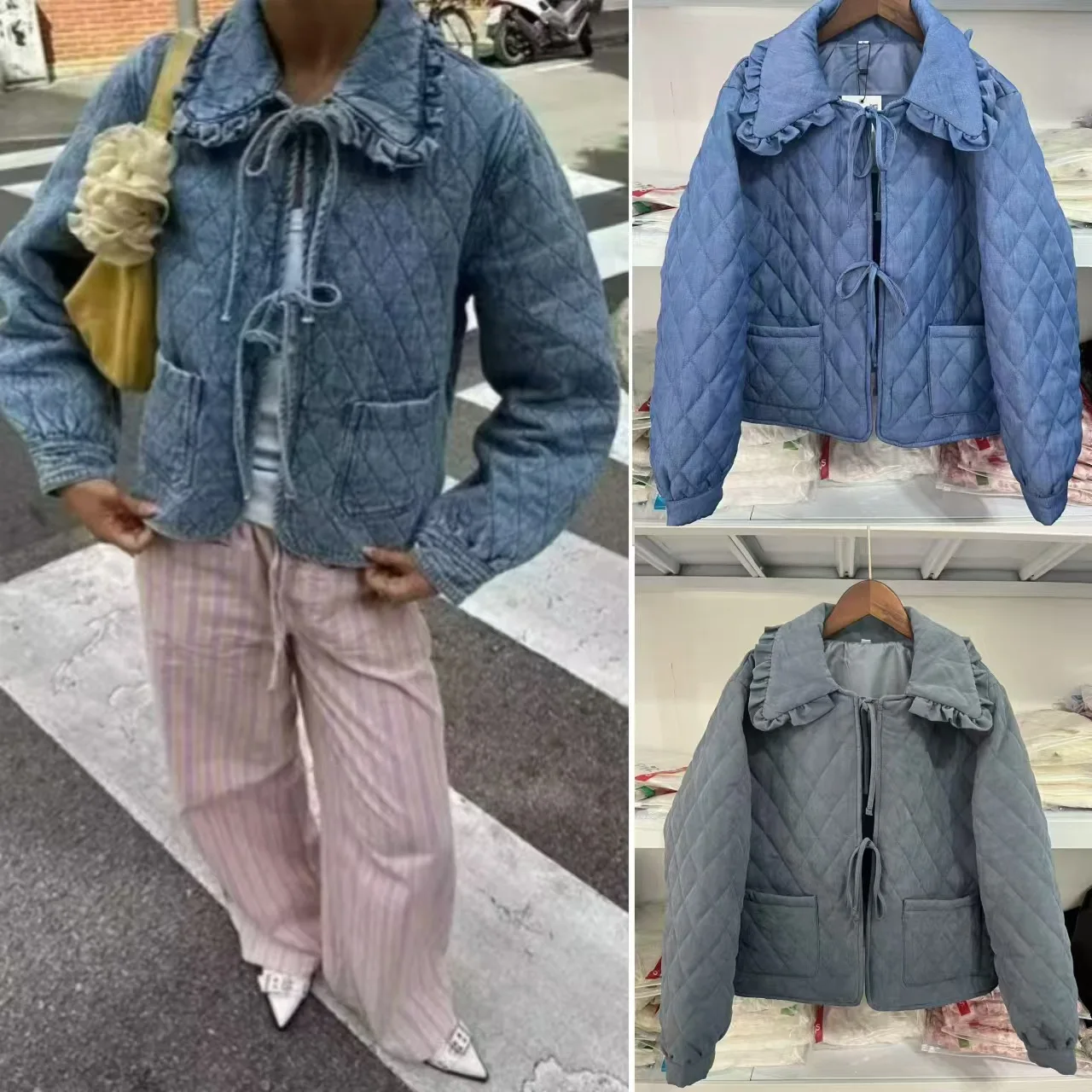 

Women's Lapel Lace Denim Jacket Autumn Winter New European American Style Clothing by