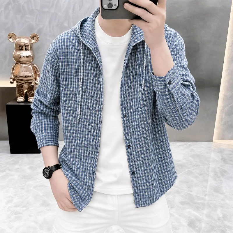 2026 Spring Autumn Hooded Checkered Shirt Men's Loose Retro Long Sleeved Jacket Casual Social Versatile Jackets Streetwear