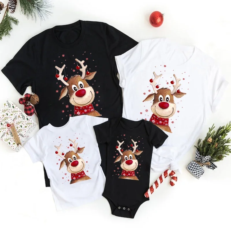 Deer Print Christmas Family Matching Clothes Mother Father Daughter Son T-shirt Clothes Baby Bodysuit Xmas Party Family Outfits