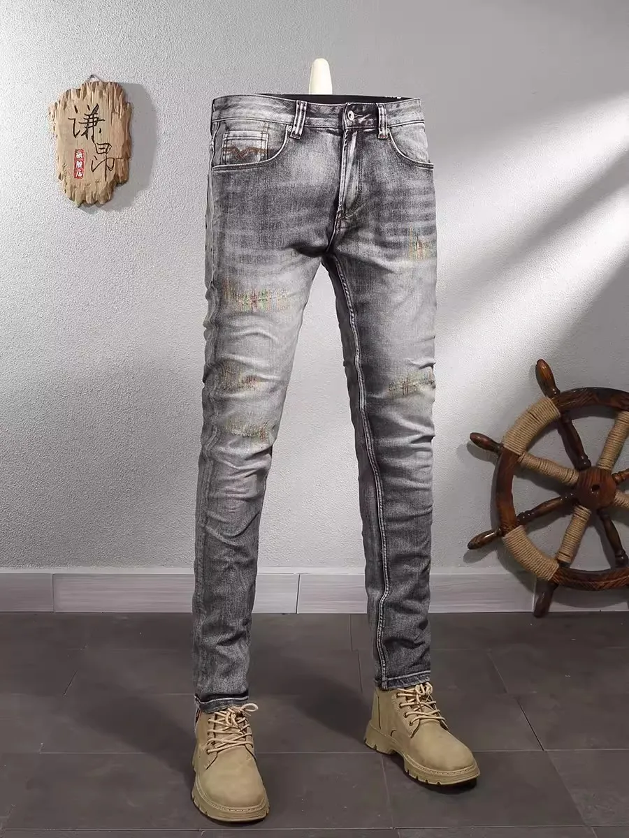 Fashionable men's jeans, high-quality retro gray elastic slim fit slit jeans, men's embroidered retro latest designer denim pant