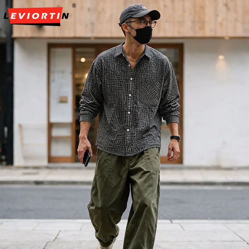 Men’s Japanese Fresh Plaid Long Sleeve Shirt Single Pocket Casual Loose Fit Minimalist Literary Styling Cotton Blend Dress Shirt