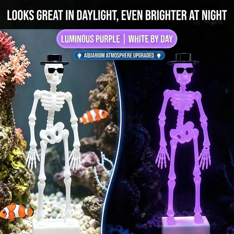 Funny Dancing Skeleton Aquarium Bubbler 3D Printed Air Driven with Hat Sunglasses Cute Ornament for Office Desktop Fish Tank