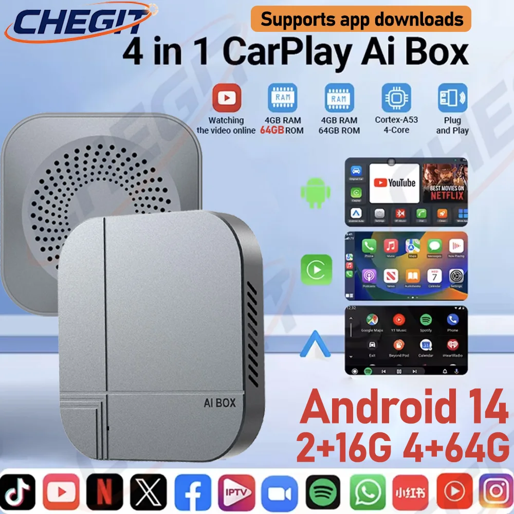 

2026 Android 14 CarPlay Ai Box TV BOX Wireless Android Auto Adapter 4G 64G 2G 16G Automatic Connection For Youtube Netflix