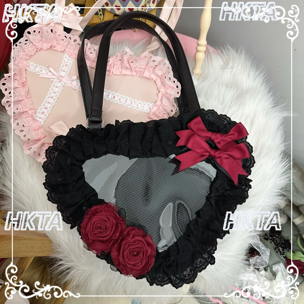

Japanese Style Element Heart-shaped Lolita Bag Women's Cute Sweet Girl Bow Lace Ruffled Edge Pain Bag Shoulder Bags Backpack