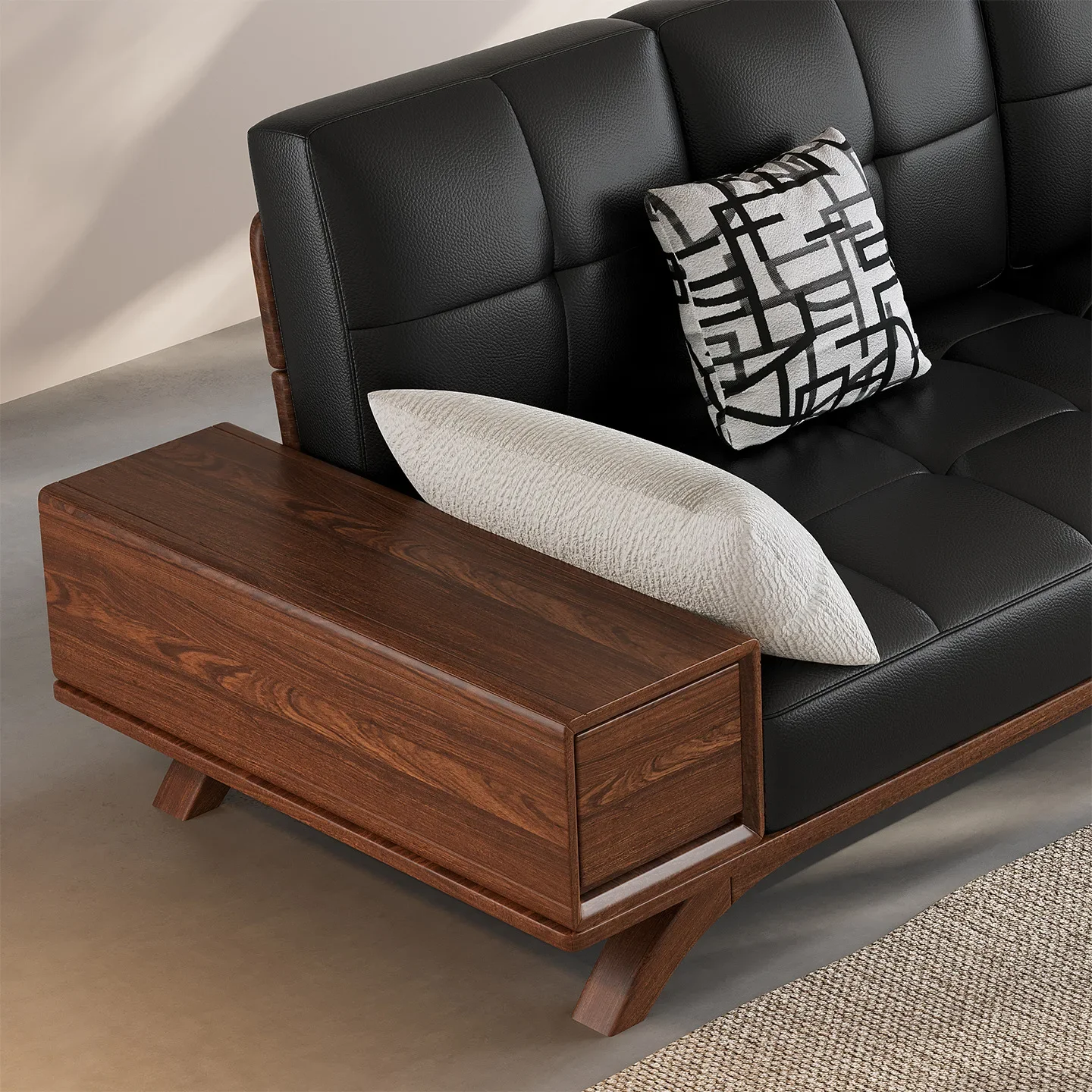 Song-style aesthetic black walnut solid wood sofa combination living room household size apartment storage straight row leather