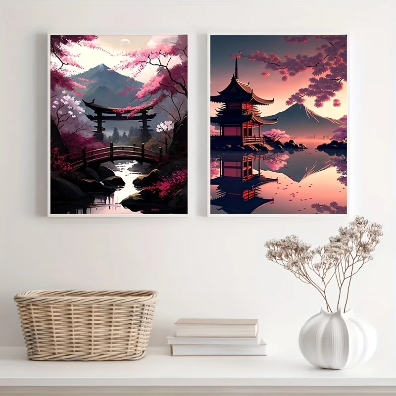 2pcs/set of Japanese Landscape Cherry Blossom Canvas Poster Rizhao Mountain Sunset Wall Art Print Pictures for Modern Home Decor