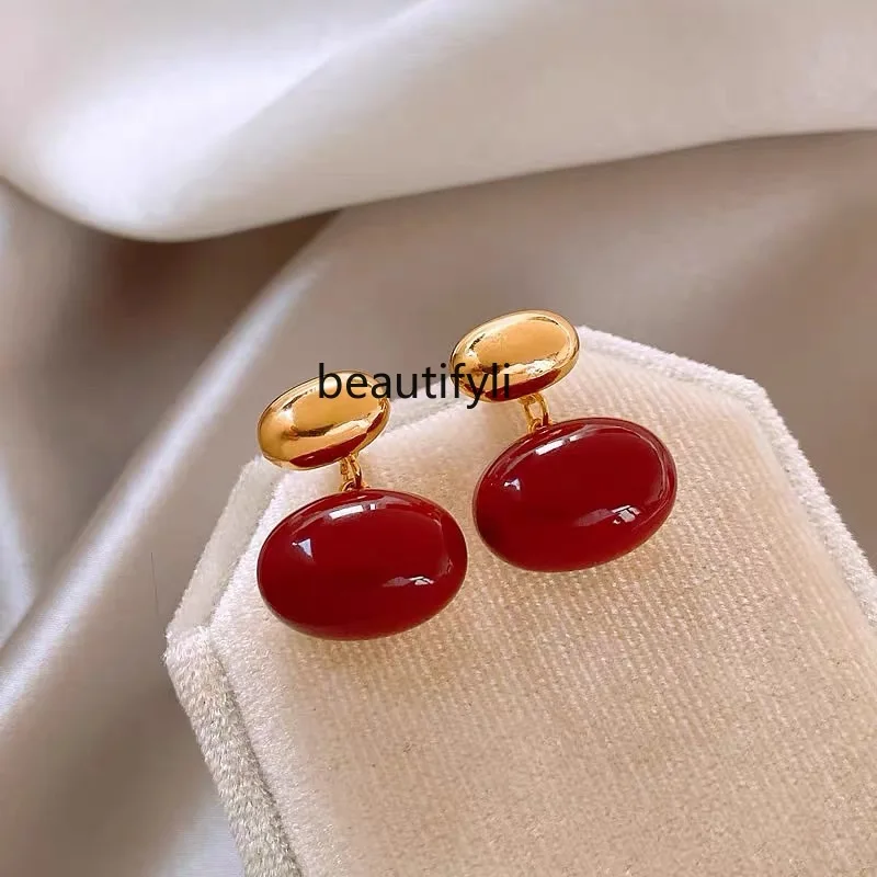 Red Retro Bean-Shaped Stud Earrings Women's New French Entry Lux Special-Interest Design High-Grade Earrings Earrings