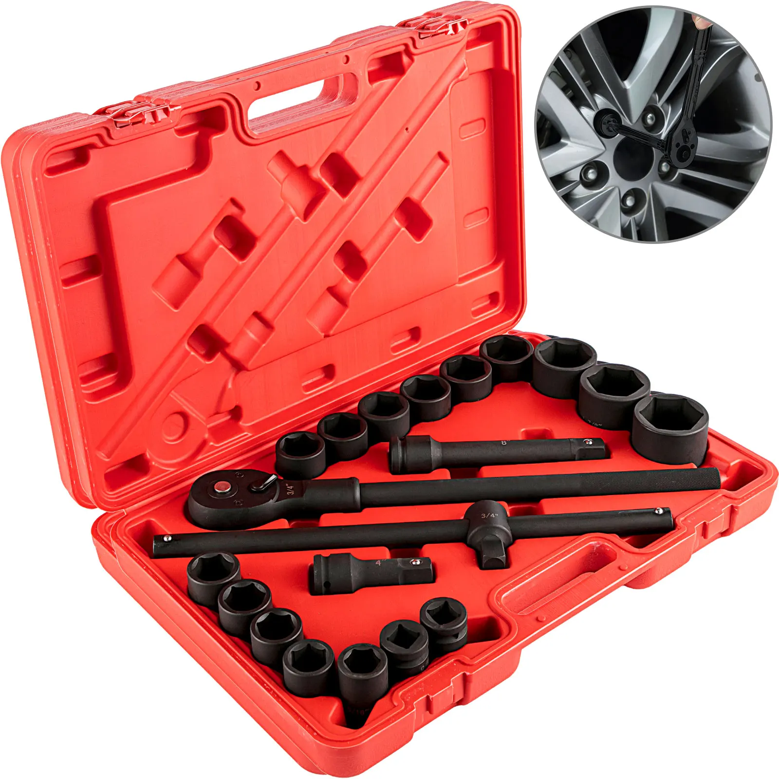 VEVOR 21 PCS Drive Impact Socket Set 3/4 Inches CR-V Material 6-Point Socket With Carrying Case for Remove Wheel Lug Nuts