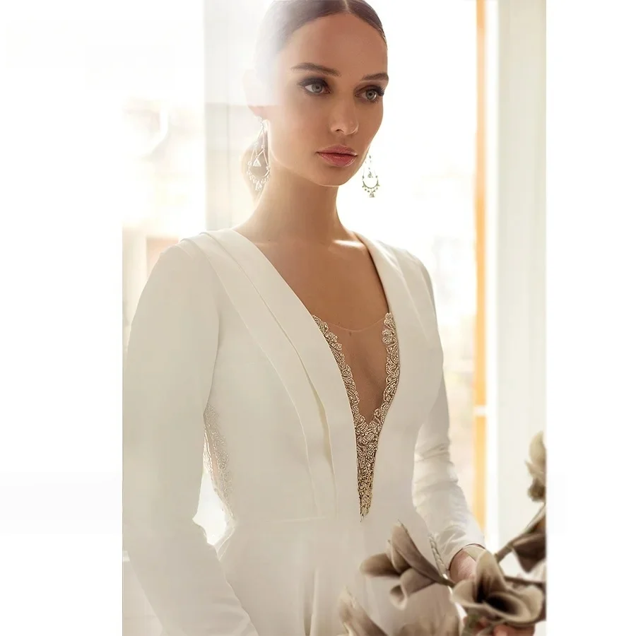 Abiti da sposa senza schienale A-line maniche lunghe in raso con perline Abito da sposa arabo Dubai islamico Vestido De Noiva personalizzato