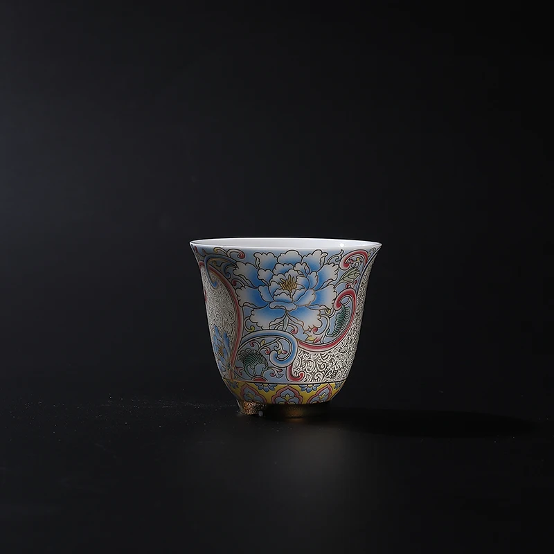 Cloisonne Silver Craft Small Size Personal Cup Ceramic Magnolia Tea Cup Single Cup Enamel Color  Style Tea Cup Paper Box