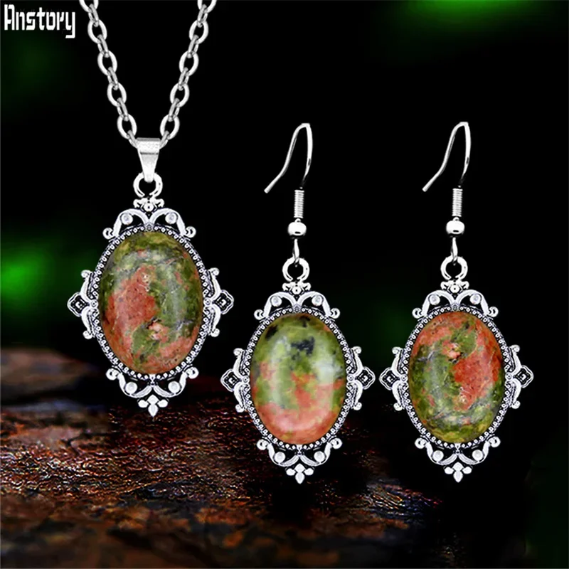 9 Color Vintage Natural Stone Unakite Quartz Jewelry Set For Women Antique Silver Plated Flower Fashion Necklace Earring Jewelry