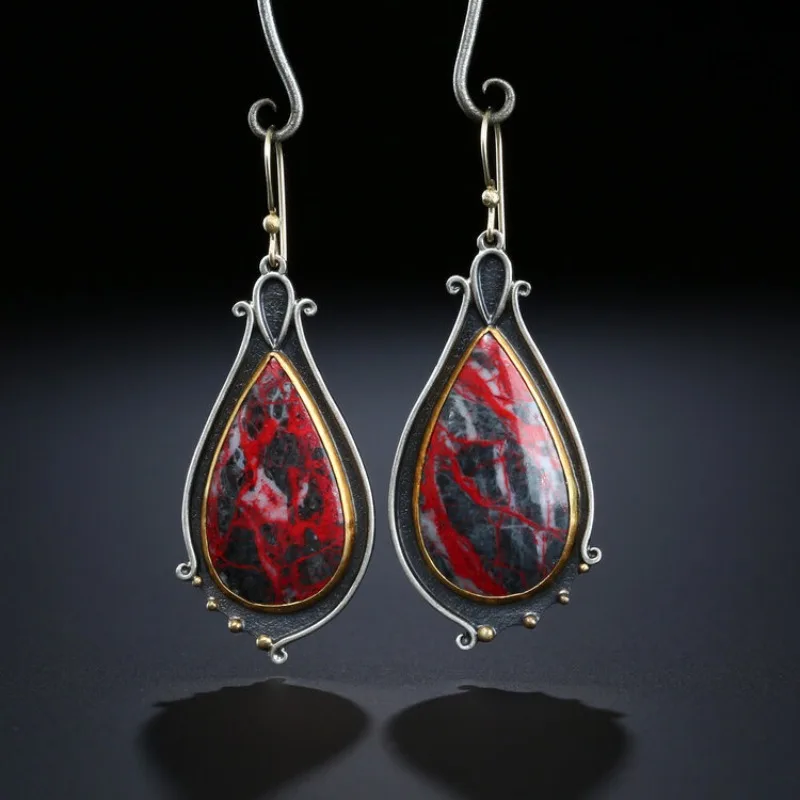 BKBK  Two Tone Scroll Frame Red Black Teardrop Natural Stone Wire Hook Dangle Women Earrings Wedding Earrings for Valentine Christmas 4th of July Gothic Bohemian Artisan Bridal Jewelry for Brides Bridesmaids Adult Ladies Rock Concert Occasion
