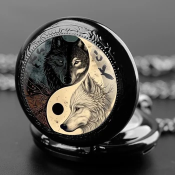 Klassische Ying und Yang Wolf Glaskuppel Vintage Quarz Taschenuhr Männer Frauen Anhänger Halskette Uhr Uhr Kinder Schmuck Geschenke