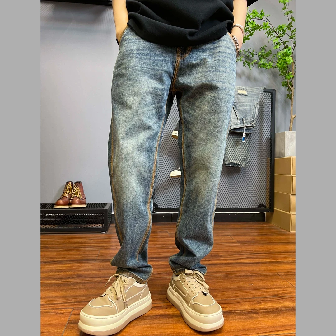 

Весна 2024, мужские модные свободные винтажные американские джинсовые джинсы, цвет блузки, длинные брюки, модный бренд, желтый грязевой цвет