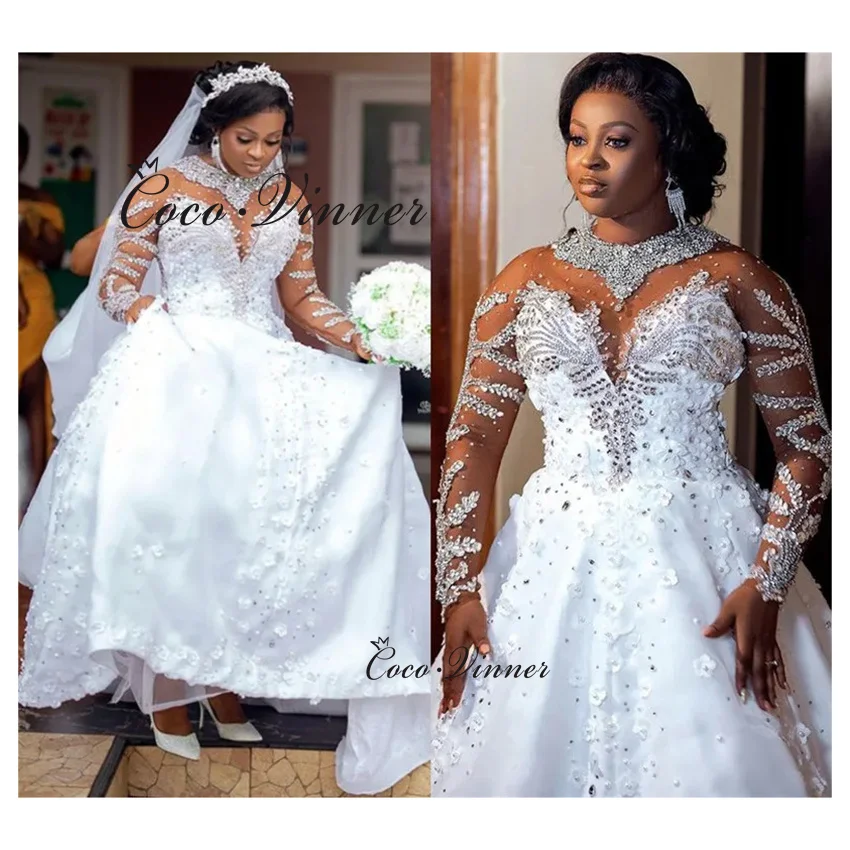 

Customized Heavy Crystal Beading Africa Wedding Dress 2025 New High Neck Full Sleeves Chapel Train Plus Size Wedding Gown W1376