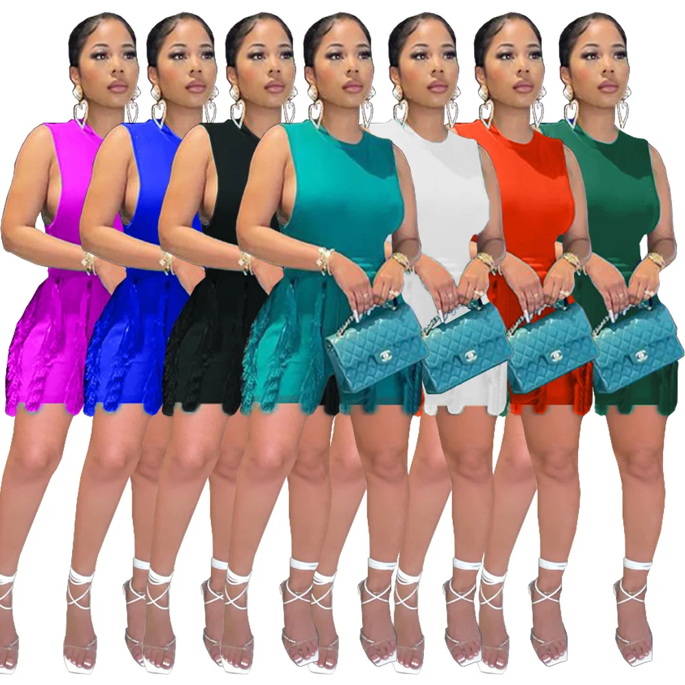

Women Skinny Vest Tank Shorts Set Solid O-neck Sleeveless Tops Female Elastic Waist Tassel Casual Summer Thin Sets