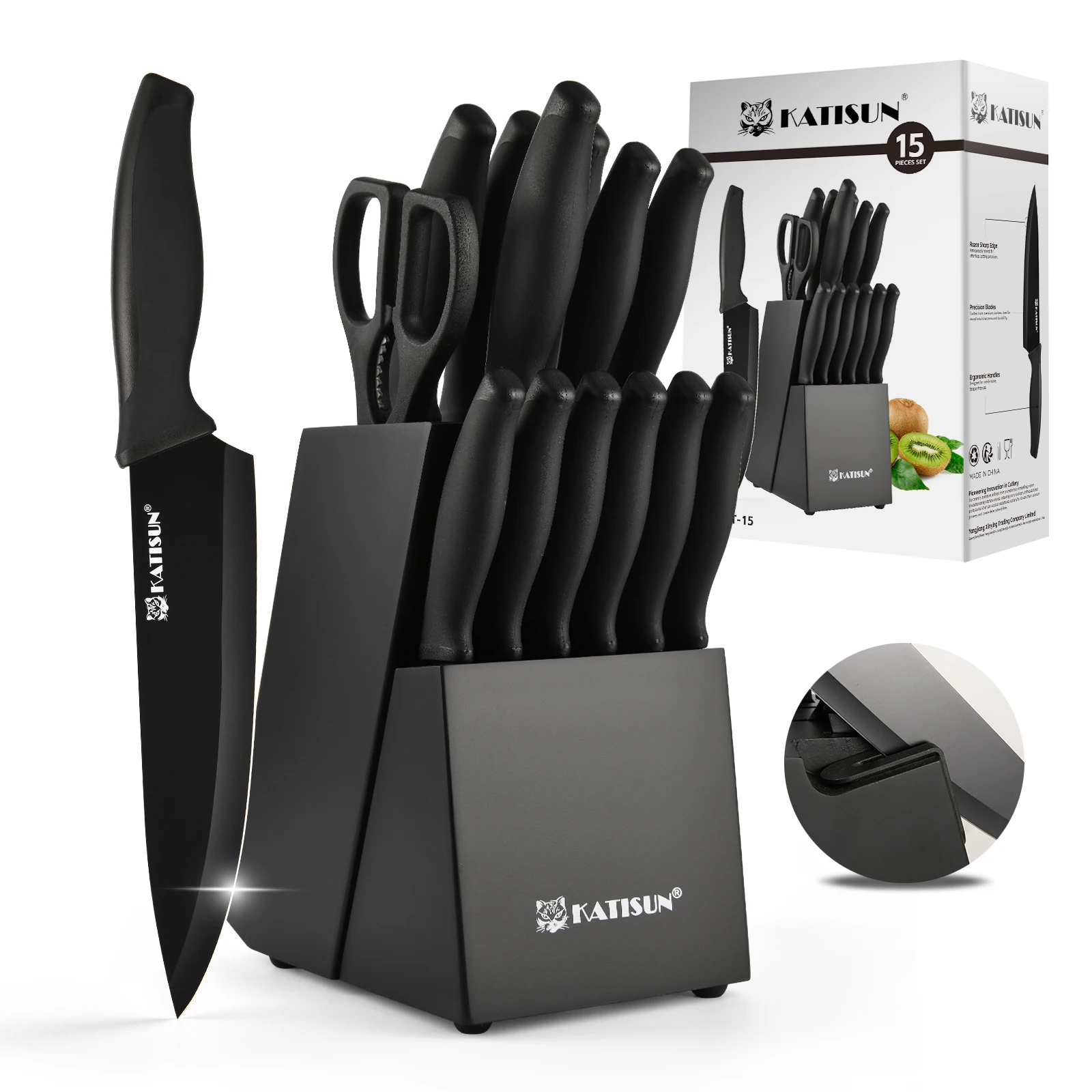 Set di coltelli da cucina rivestiti in colore da 15 pezzi Coltello da chef ad alto tenore di carbonio ergonomico nero antiscivolo TPR Manico morbido e affilatore interno