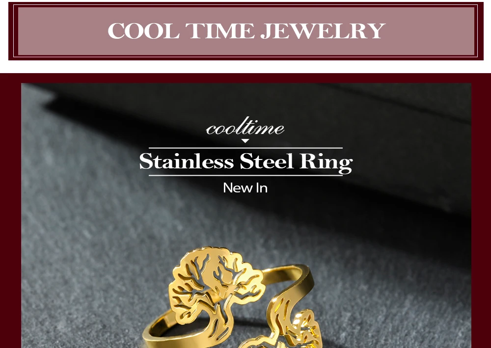 CoolTime Vintage Goldfarbene Damenringe Doppelter Lebensbaum Offener Ring Edelstahl Ausgehöhlter Spiritueller Schmuck Geschenk – Detail 1
