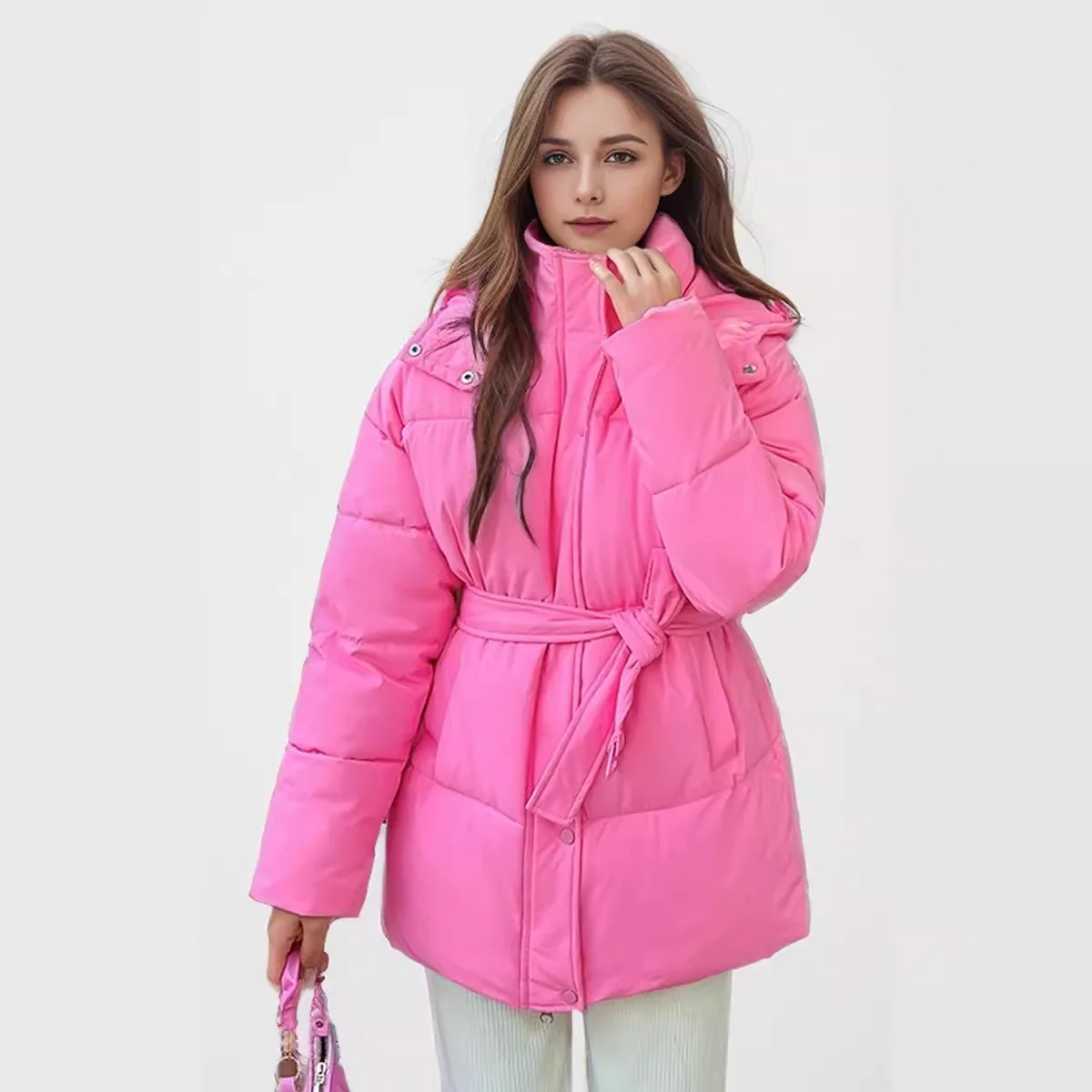 2024 Winter Women\'s Jacket Female Casual Waist Slimming Hooded Short Cotton Jacket Women Pure Color High Collar Warm Parkas