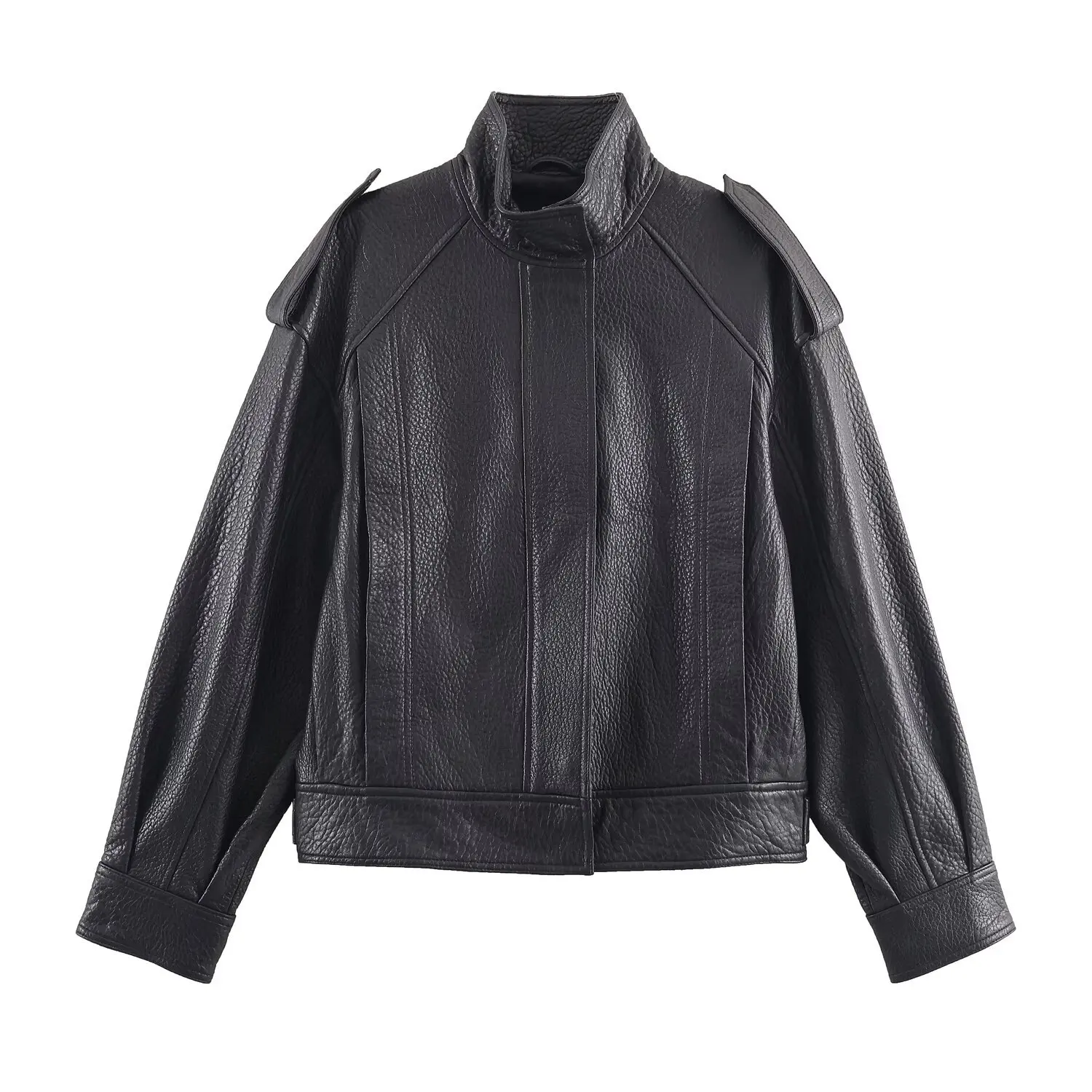 

Woman's Textured Faux Leather Jacket Stand Collar Zipper Long Sleeves Solid Color Pockets Jacket Early Autumn New Female Top