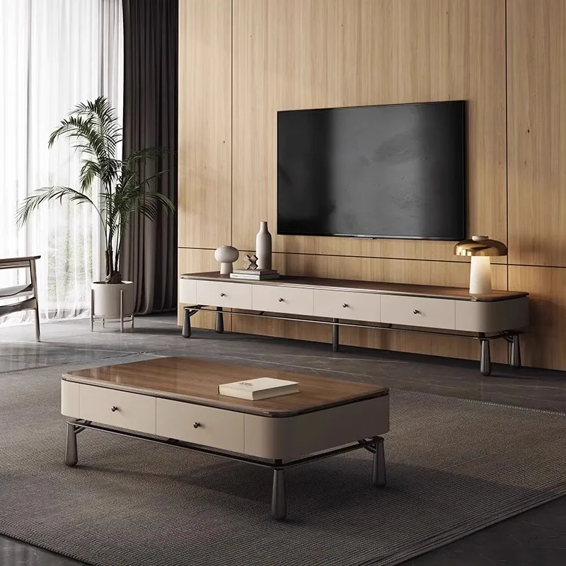

Italian solid wood light luxury TV cabinet coffee table combination living room household high-end small apartment modern
