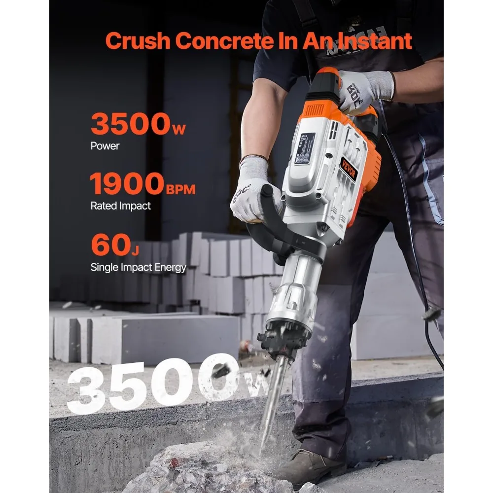 Krachtige elektrische sloophamer voor betonbreker, 3500 W, 1900 BPM, inclusief 2 beitels en handschoenen