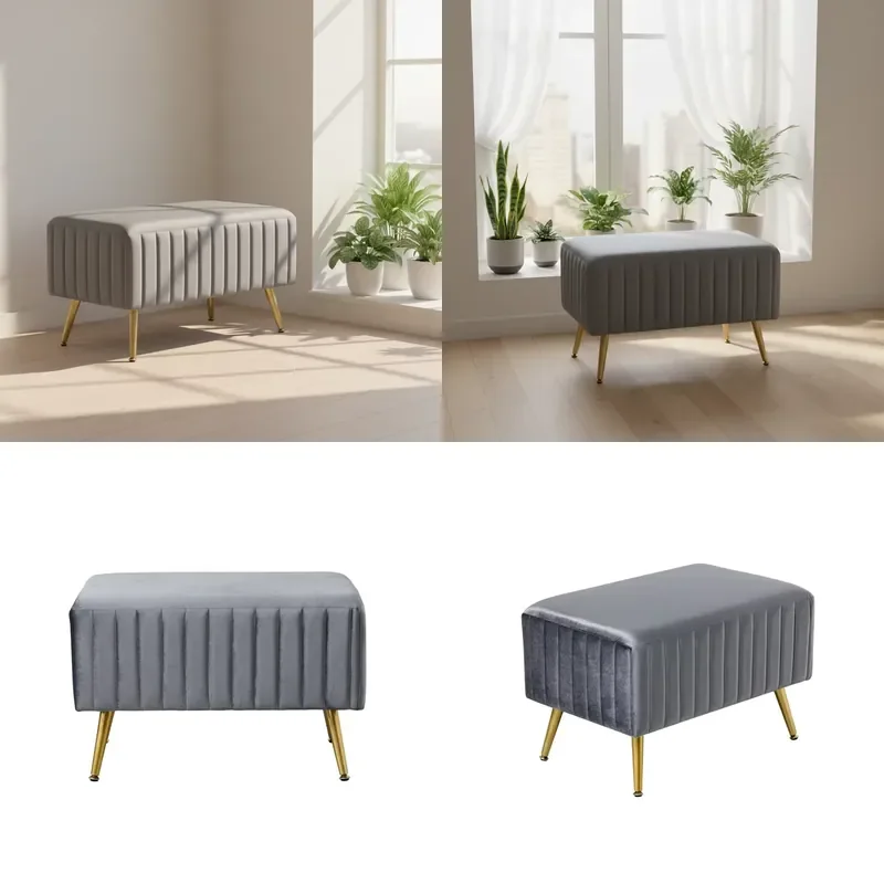 Modern Light Style Soft Fabric Footstool with Metal Legs for Hotel Apartment Bedroom Home Entry Dressing Makeup Stool
