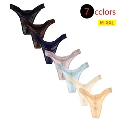 Silky T-back Thongs Men Sexy Transparent Underwear Ice Silk G-string Bulge Pouch Underpants Smooth Panties Breathable Lingerie