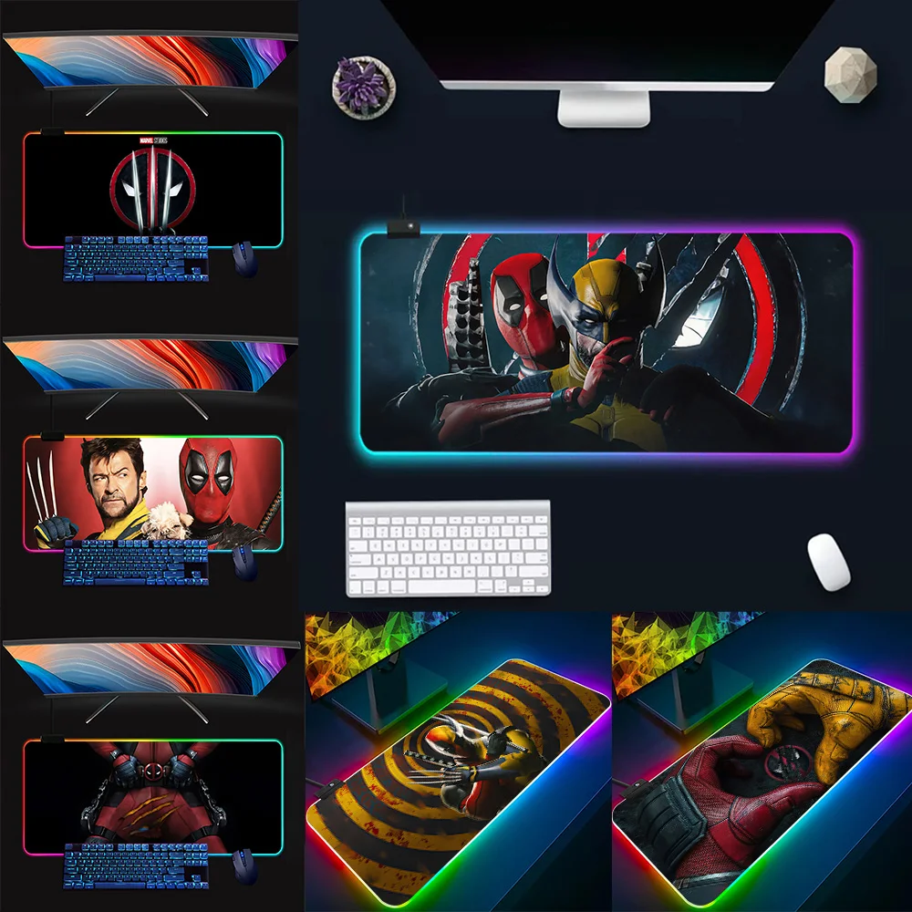 Marvel Deadpool and Wolverine RGB Pc Gamer Keyboard Mouse Pad Mousepad LED Glowing Mouse Mats Rubber Gaming Computer Mausepad