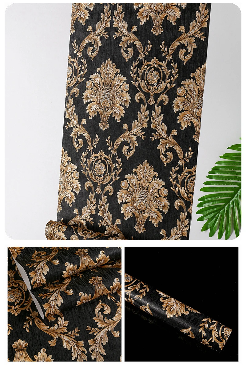 Luxury European Classic Black Damask Stereo Deep Embossed Wallpaper Roll for Living Room Hotel Tv Backdrop Mural
