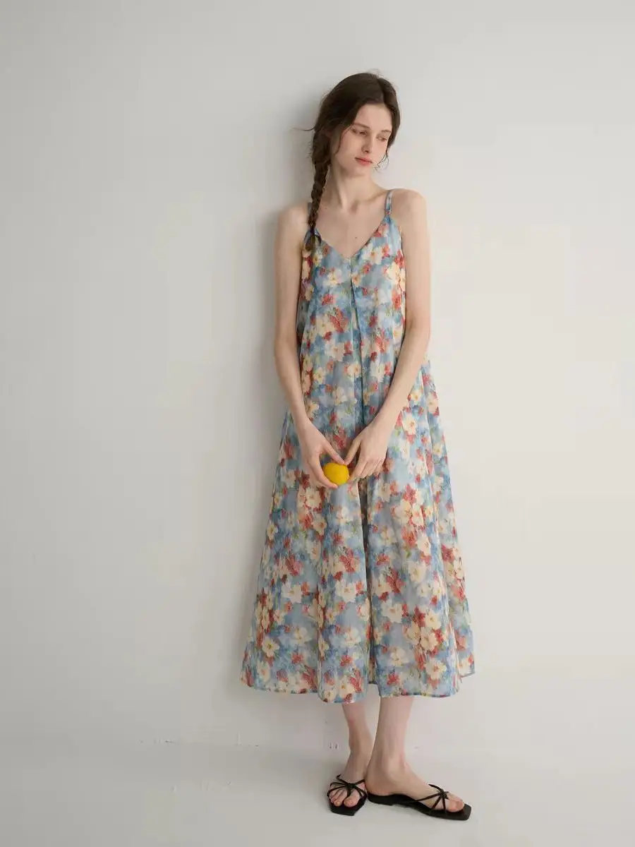 

Fashionable V-Neck Print Maxi Dress Korean Brand Summer Large Size Elegant round Neck Gown A-Line Silhouette Breathable Casua...