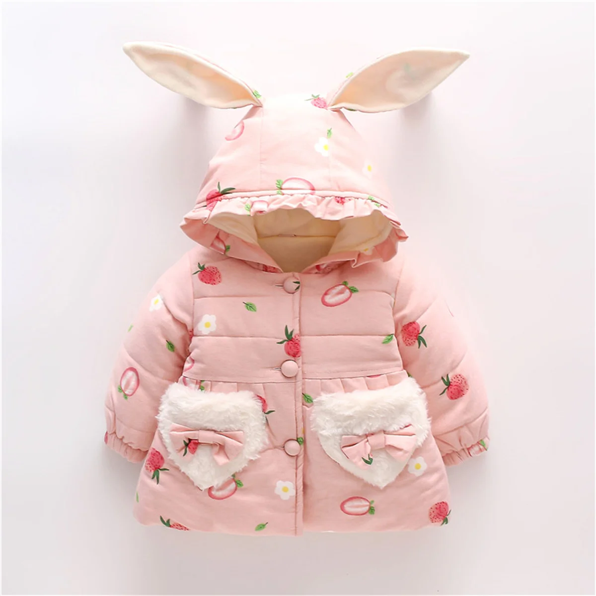 Winter Girls\' Cotton Coat Strawberry Bow Heart Pocket Rabbit Ear Button Hooded Cotton Thickened Sweet Coat