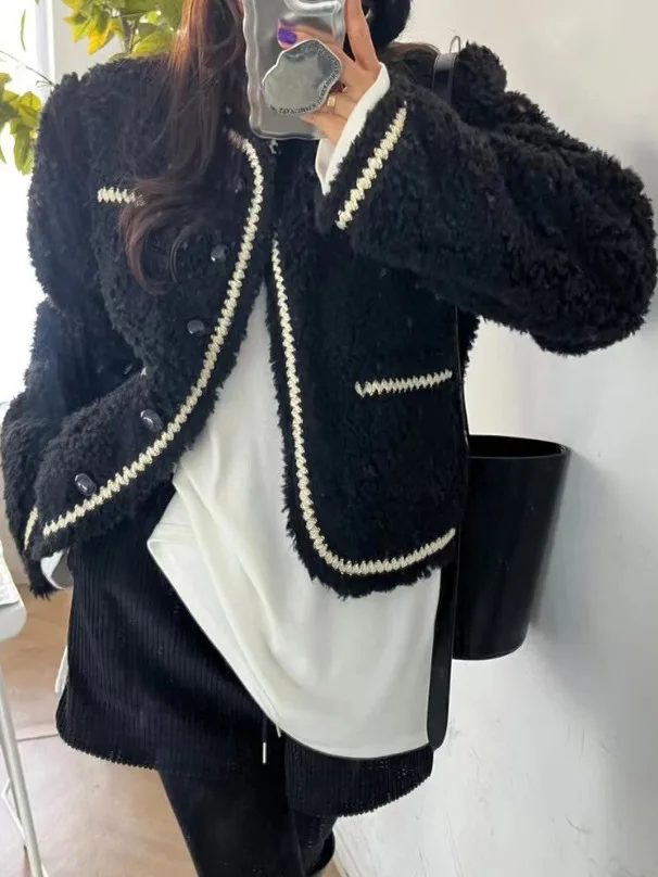 Chic dulce adorno Floral Color Blo piel Jaet mujer sensación de gama alta Plu piel cuero intercomado prendas de vestir exteriores coreano Sle