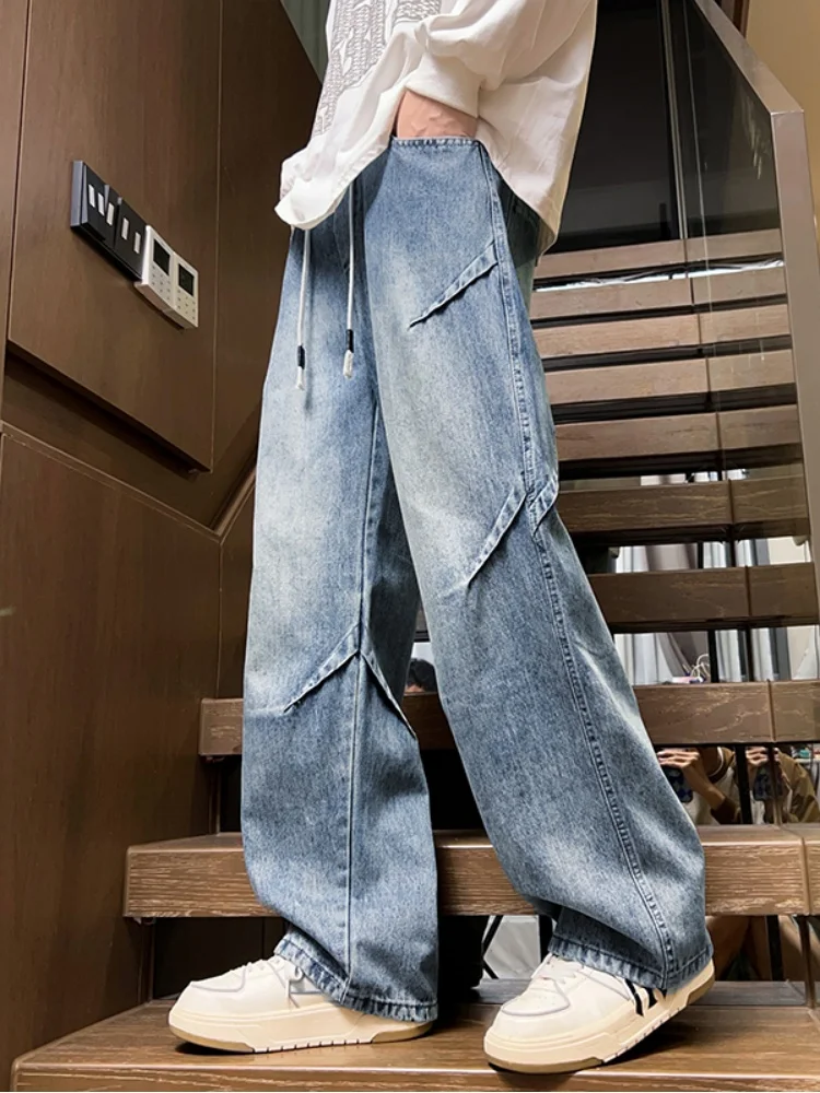 

Elastic Waist Dstring Men's Jeans American Sle Straight Leg Wide Leg Pants Youth Trendy Wear Resistant Casual Jeans