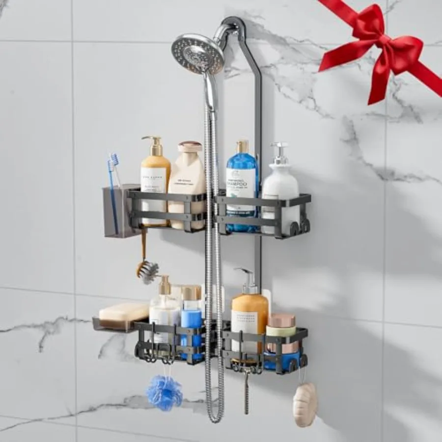 

Aluminum Shower Caddy Hanging, Never Rust Shower Organizer- 4 Levels with adjustable Height 10 Hooks for Razor/Sponge - Rack wi