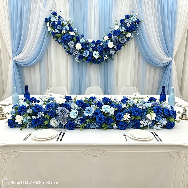Königsblauer Kunstblumen-Tischläufer, Blumenarrangement-Ball, Hochzeits-Bodenblumenreihe, Gangdekoration, Event-Hintergrund, Dekorationszubehör – Detail 1