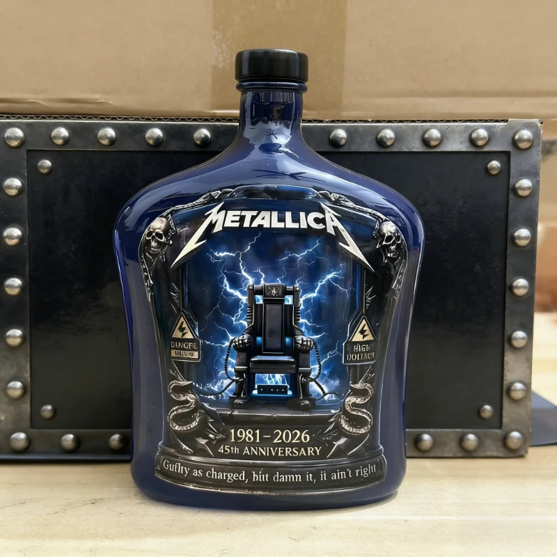 Metallica 45th Anniversary 1981-2026 Blue Ceramic Whiskey Bottle - Lightning Electric Chair Design Collection Decorative Bottle - view 6