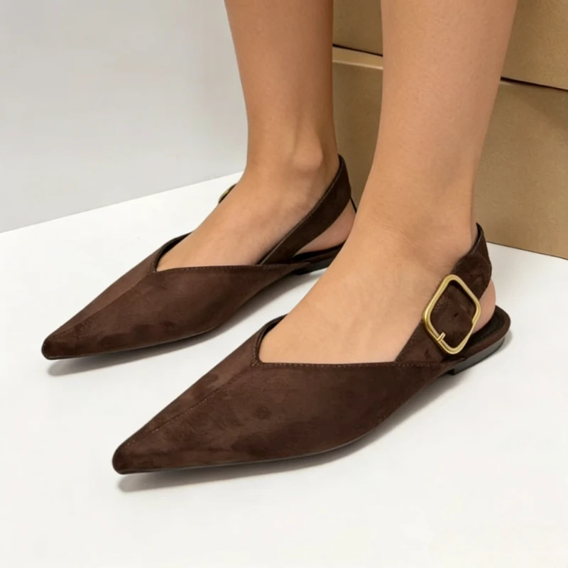 

Retro Faux Suede Women Mules Shoes Sexy Pointed Toe Back Strap Metal Buckle Comfortable Daily Street Slingback Ladies Flats