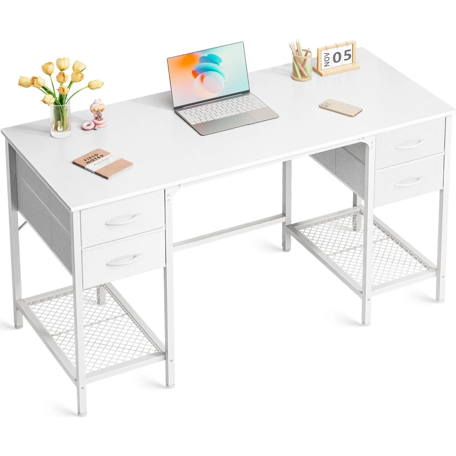 

US 47 Inch Computer with 4 Drawers, Office with Mesh Shelf, Gaming , Large Storage, Writing Desk Work